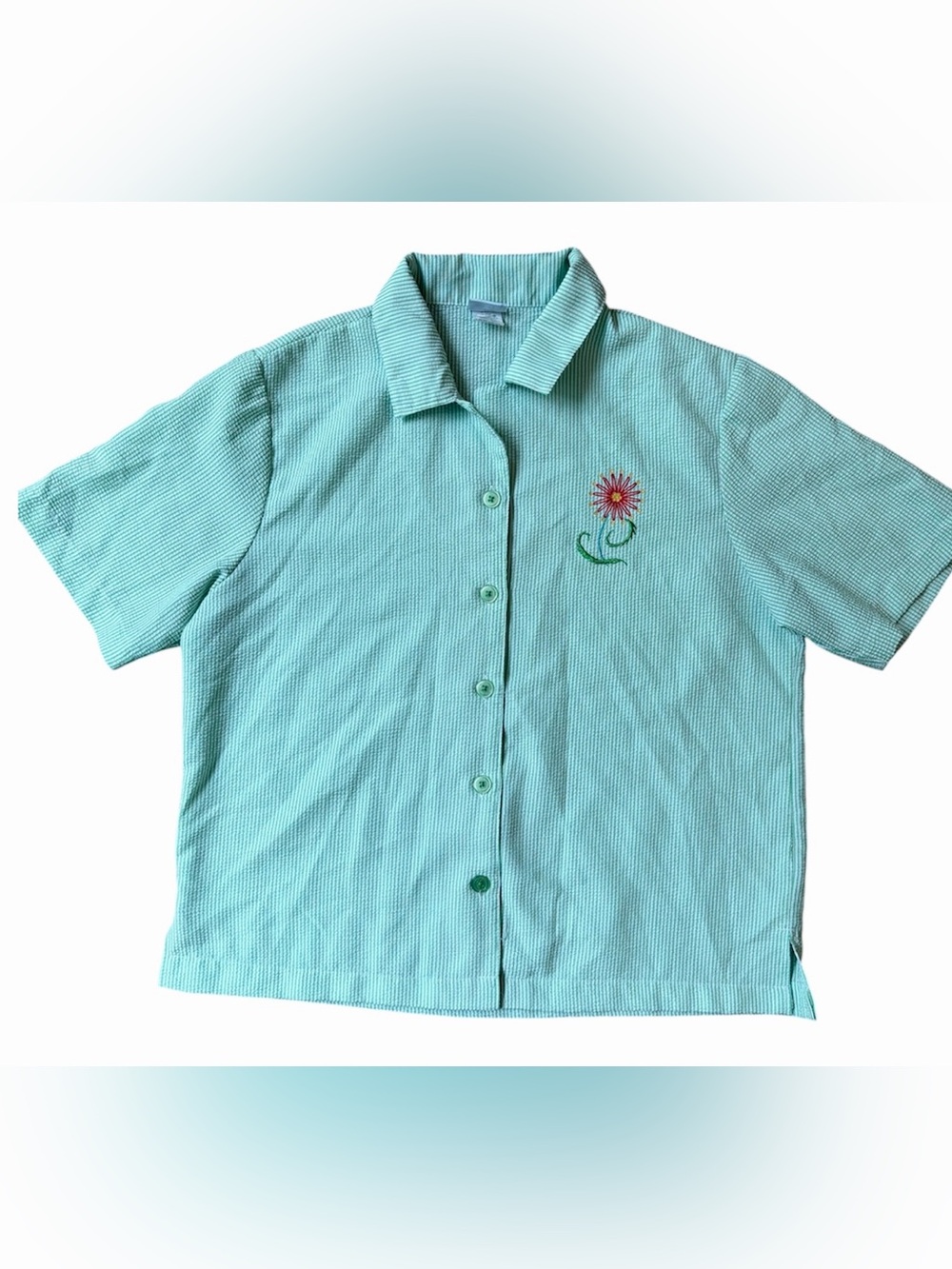 90s Adrian Delafield Seersucker Embroidered Shirt Green White Embroidered